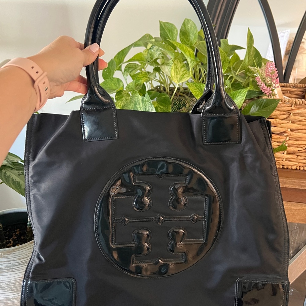 Tory Burch Black Patent Logo Nylon Tote